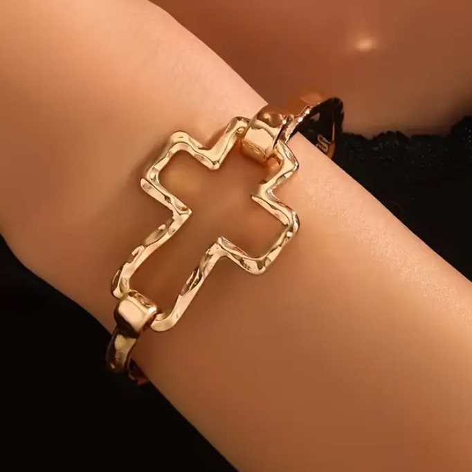 Hammered Titanium Steel Gold Cross Bracelet